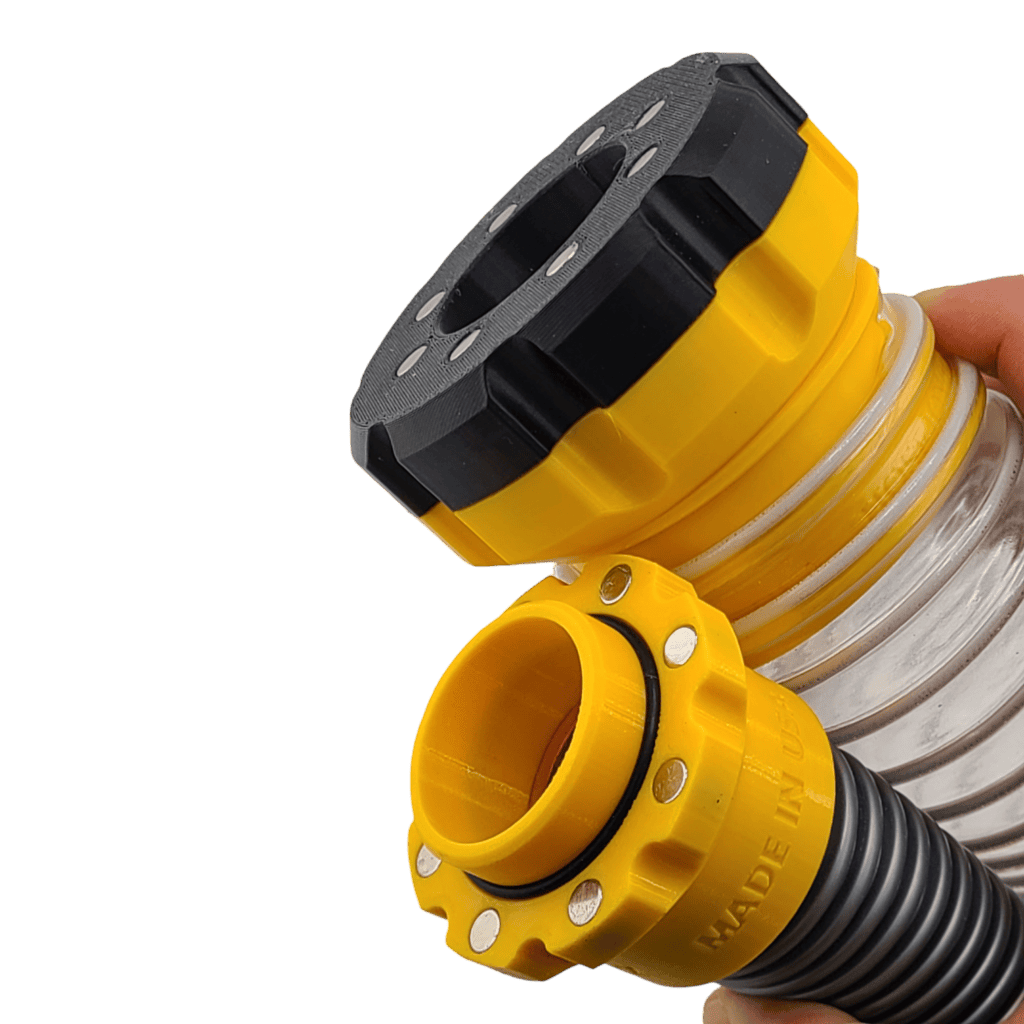 Dust extractor size-down adapter for connecting 2-1/2" and 1-1/4" vacuum hoses.